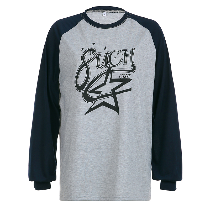 Casual Pentagram Printed Raglan Sleeve T shirt Gray - Shop at LoveMi