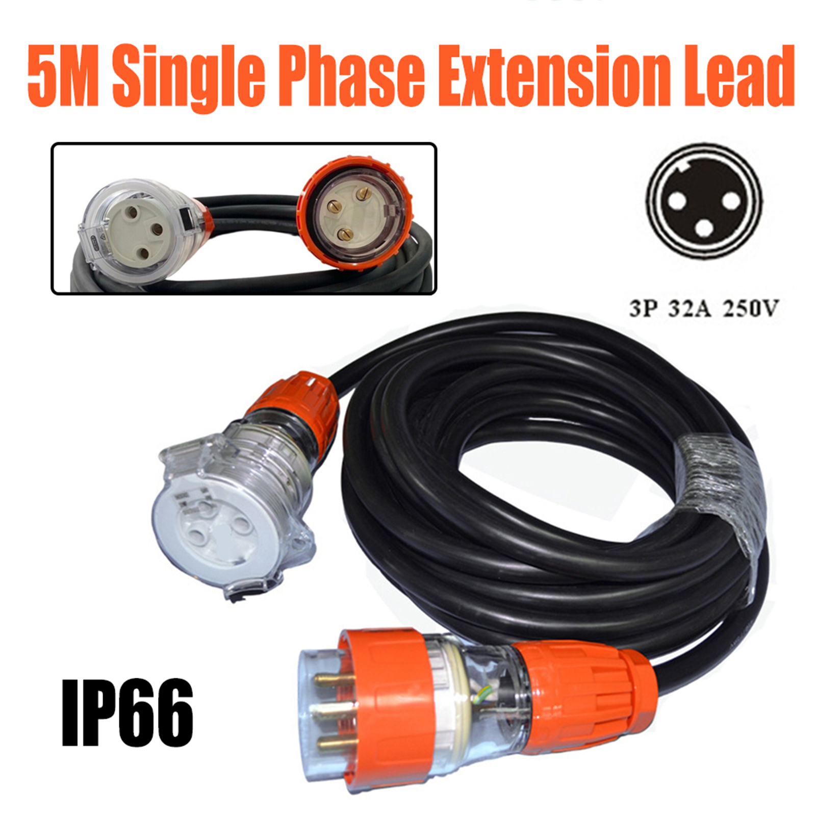 32 Amp 5m 3 Pin Extension Lead Single Phase 250V Rubber Heavy Duty Cable Male&Female Plug
