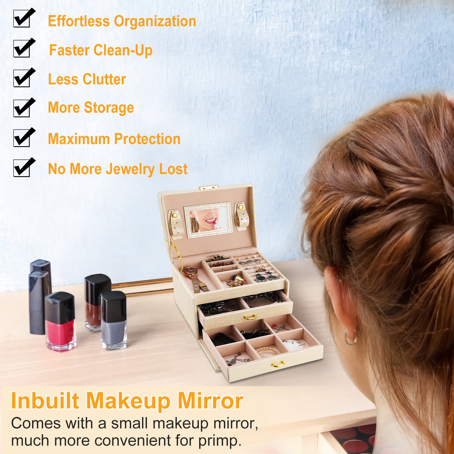 1Pc Jewelry Case Organizer 3-layer Lockable Travel Jewelry Box PU Leather Storage Display Case With Mirror Protective For Bracelets Earrings Rings Necklaces