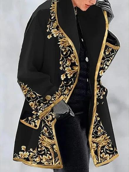 New Cross-border Foreign Trade European And American Women's Clothing Big Collar Digital Printing Autumn And Winter Woolen Coat Coat Coat Windbreaker