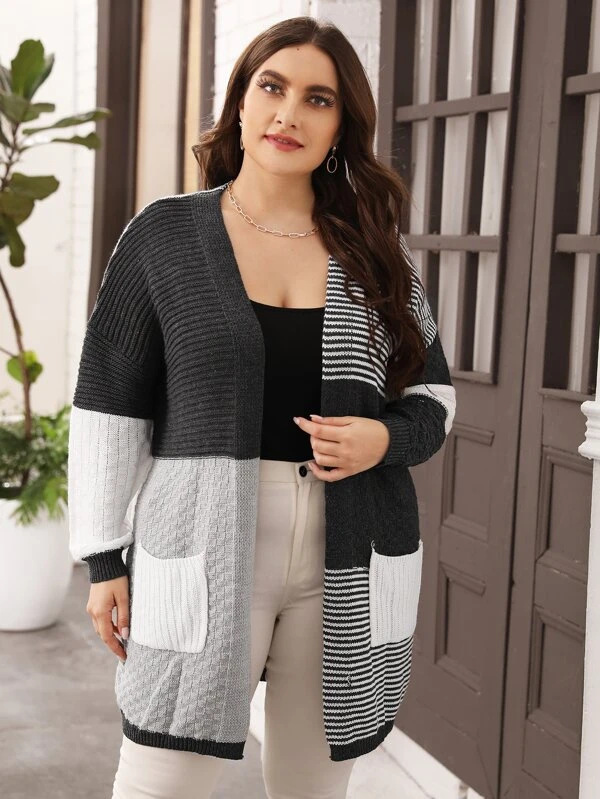 New Women's Casual Knitted Cardigan With Contrasting Striped Design - Loose Plus Size Autumn Winter Sweater Jacket