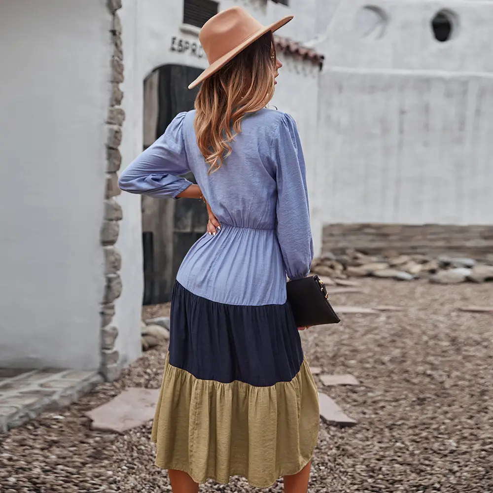 Long-sleeved Dress Stitching Large Skirt Leisure Holiday High Waist