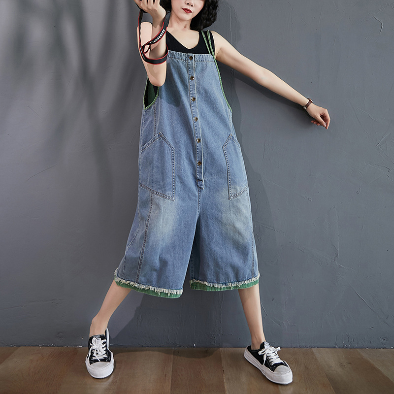 Women's New Style Loose And Slim Three-point Wide Leg Denim Overalls