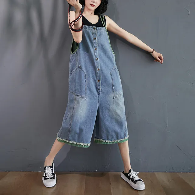 Women's New Style Loose And Slim Three point Wide Leg Denim Overalls Green - Shop at LoveMi