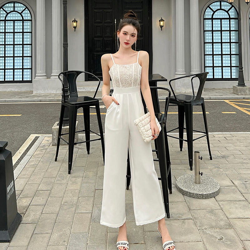 Title 2, White Lace Stitching High-waist Wide Leg Jumpsuits