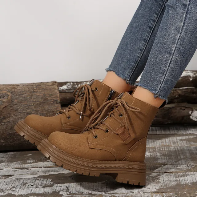 Square heeled Lace up Boots For Women Fall Winter All match Slim Shoes Fashion Ankle Boot Brown - Shop at LoveMi