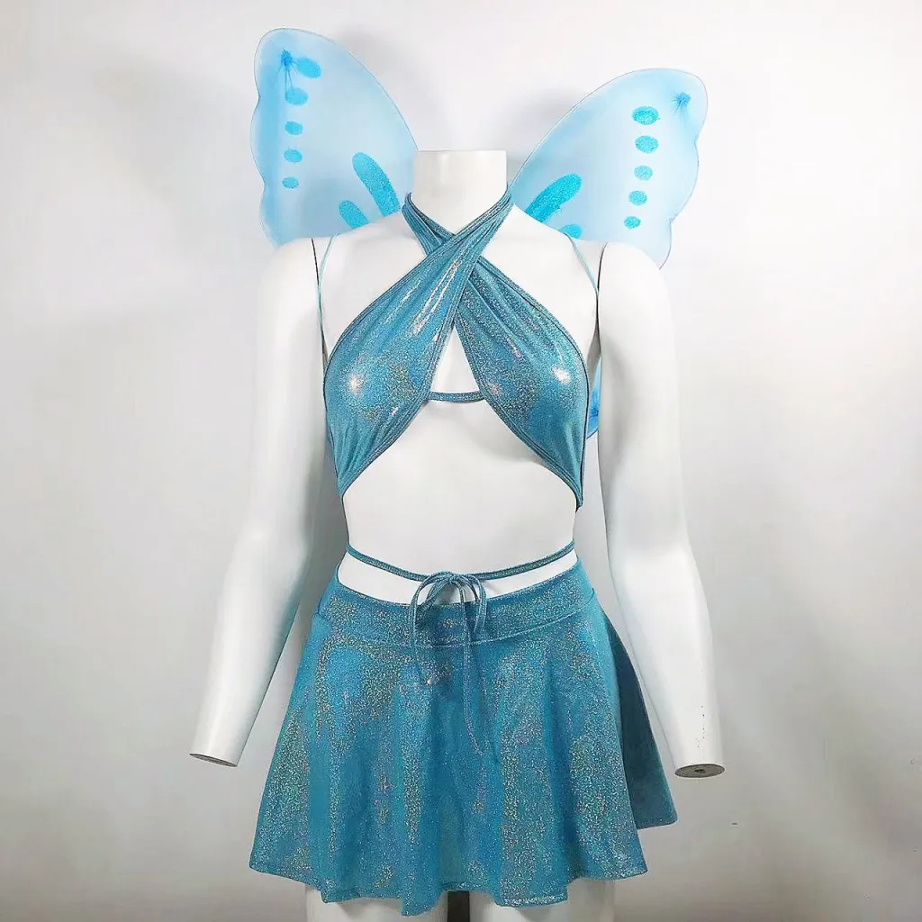 New Sexy Lingerie Cross Straps Halter Skirt Cute Girly Butterfly - Sky Blue