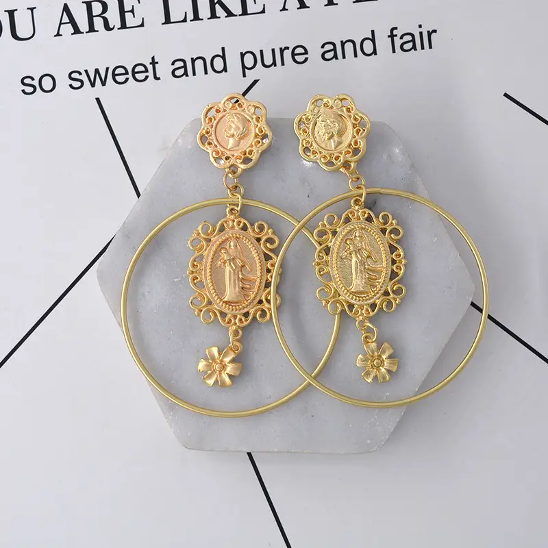 Baroque Head Coin Hoop Earrings Exaggerated