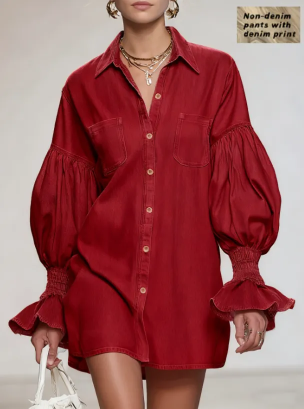 Puff sleeve Denim Printed Shirt Dress Burgundy - Shop at LoveMi