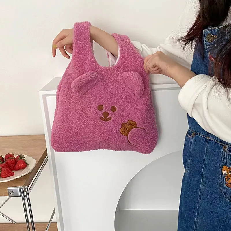 Cartoon Plush Backpack Cute Girl Lamb Wool Hand Bag - Rose