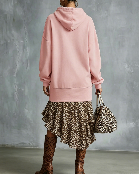 Pink Hooded Loose Fit Dress With Leopard Print And Irregular Lotus Leaf Hem