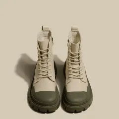 Trendy Cool Thick-soled And Thin Niche Stitching Motorcycle Boots - Apricot - View 1