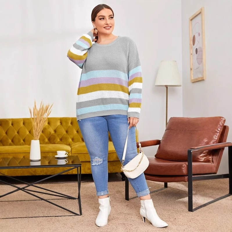 Women's Striped Color Blocked Knitted Sweater - Autumn And Winter Loose Casual Pullover