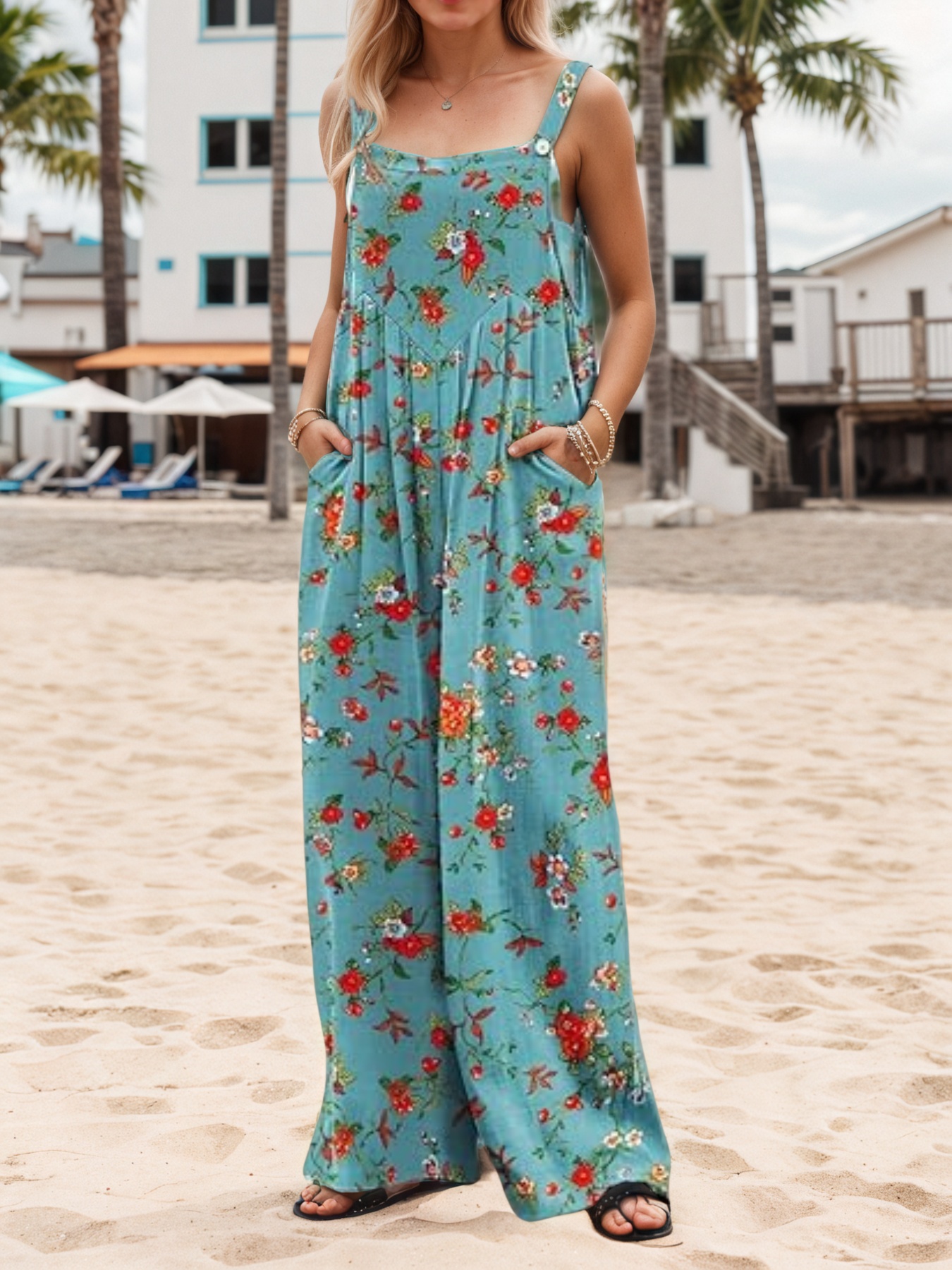 New Women’s Summer Printed Casual Overalls Loose Wide Leg Jumpsuit Bohemian Floral Printed Loose Jumpsuit With Pocket