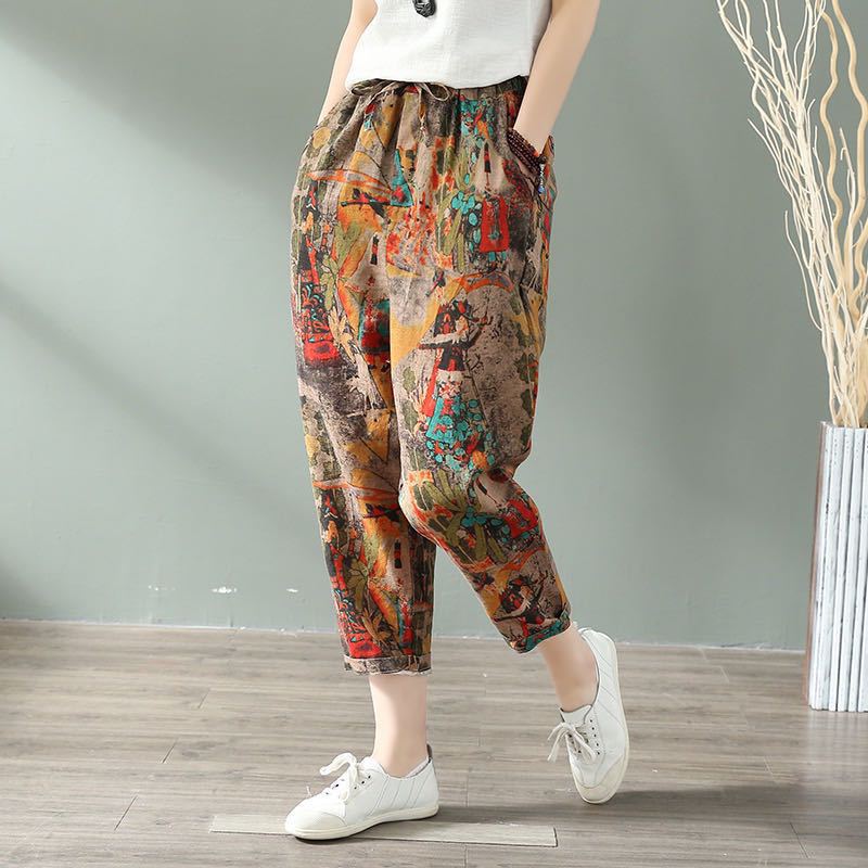 Title 2, Printed Cotton Linen Pants Women