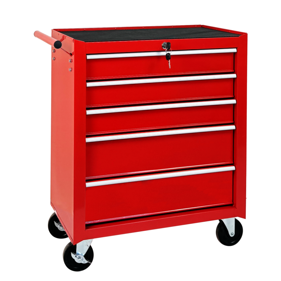 5-Drawer Rolling Tool Chest W Lock & Key, Tool Storage Cabinet With Wheels, Top Cushion & Drawer Liners, Tool Organizer Box For Garage, Warehouse & Repair Shop-RED