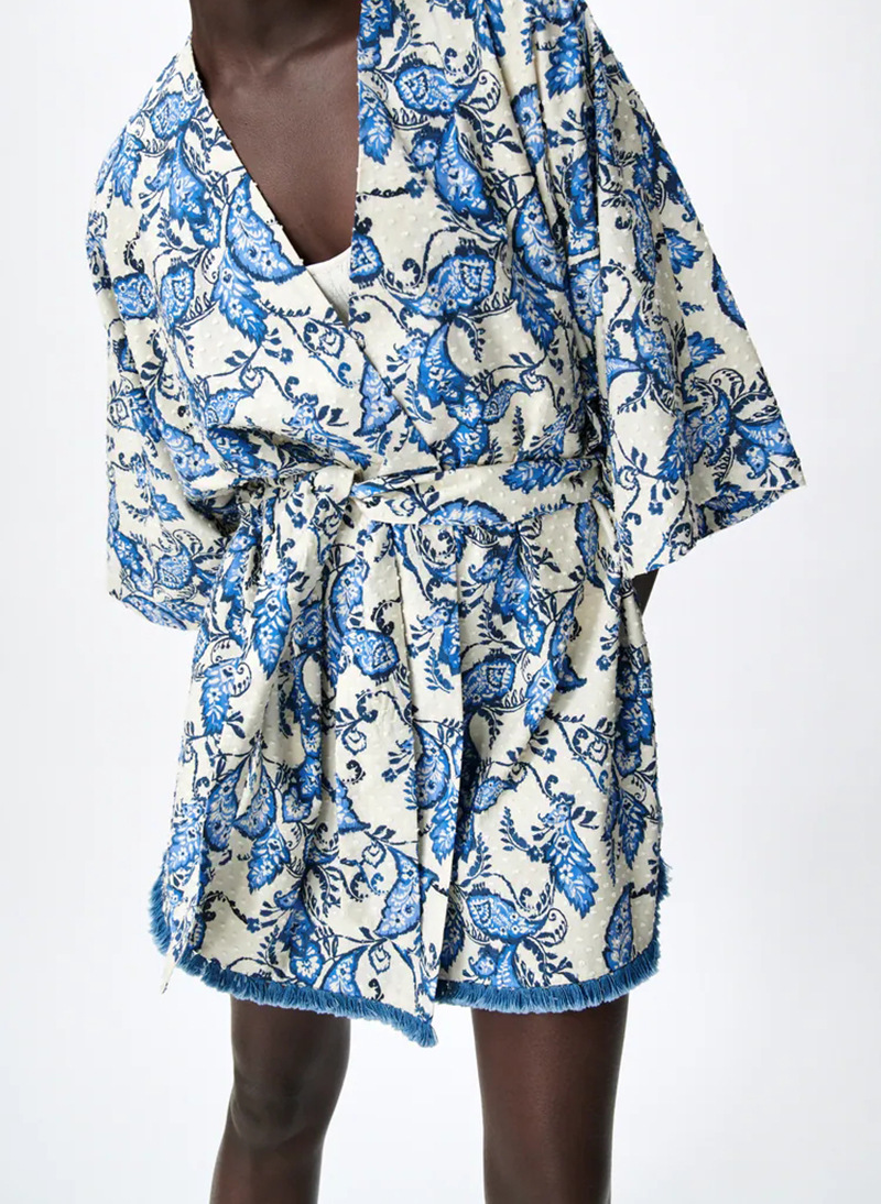 Printed Cropped Shirt, Bat Sleeves V-neck Tie Kimono Blouse