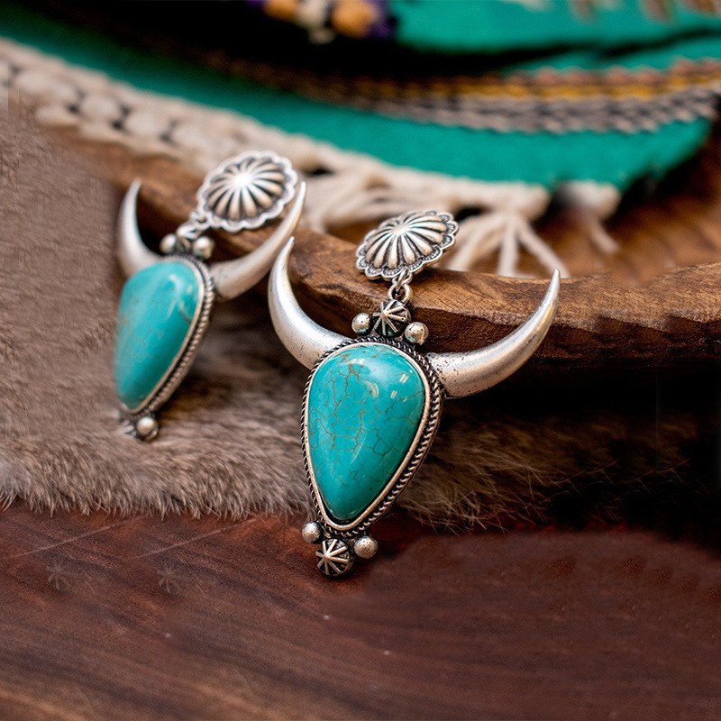 Women's Vintage Boho Drop Turquoise Bull Head Earrings