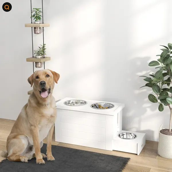 Elevated Dog Bowls With Slow Feeder Mat, Storage Cabinet, 3 Stainless Steel Bowls For Large & Extra Large Dogs, White White - Shop at LoveMi