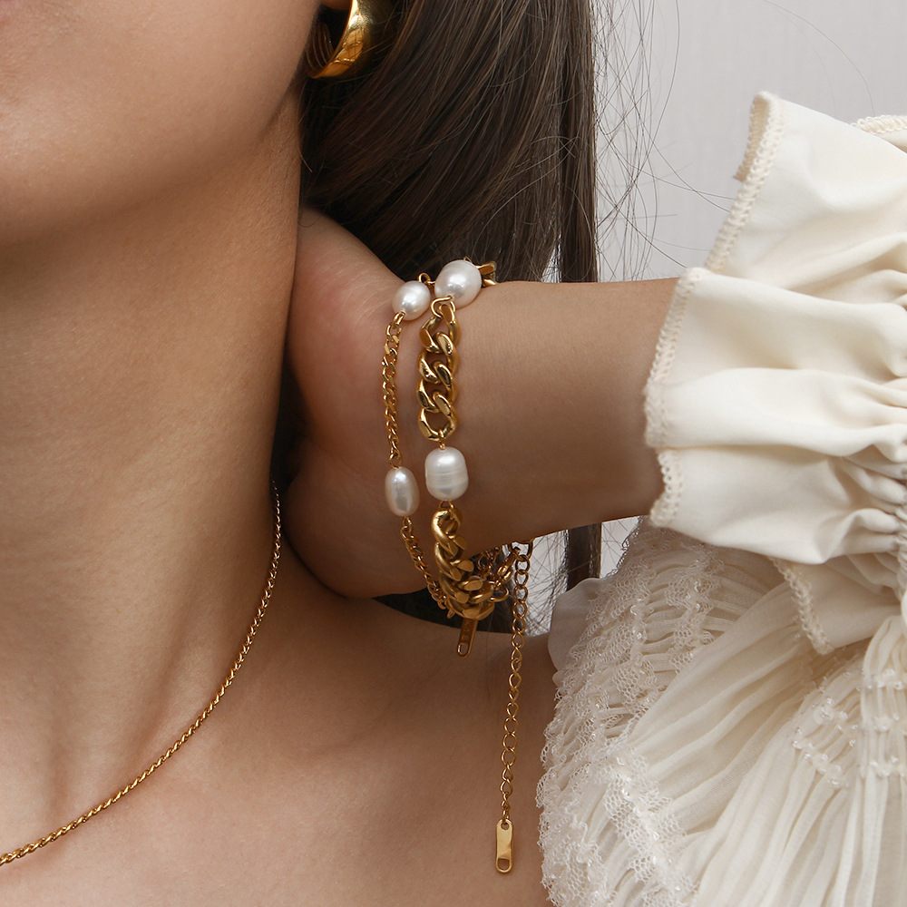 Women Fashion Trend Stainless Steel Cuban Chain Three Pearls Bracelet