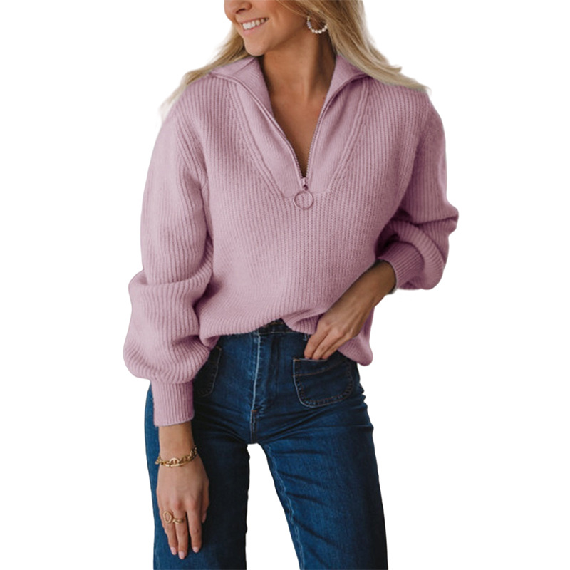 V-neck Pullover Zipper  Lantern Sleeve Sweater Women