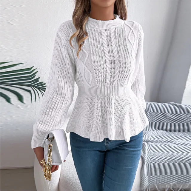 Women's Cable Knit Sweater With Peplum Hem Round Neck Ribbed Waist Top For Spring And Fall White - Shop at LoveMi