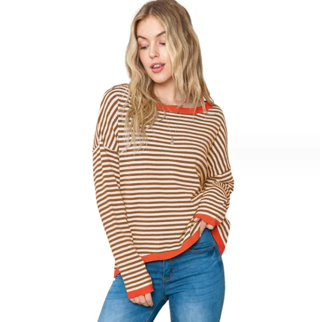 Shiying Contrast Color Trim Striped Off shoulder Sweater Women's Cross border Loose All match Long Sleeve Brown - Shop at LoveMi