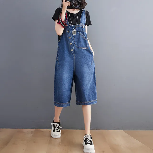 Women's Plus Size Korean Style Denim Overalls Five Points Pants Blue - Shop at LoveMi
