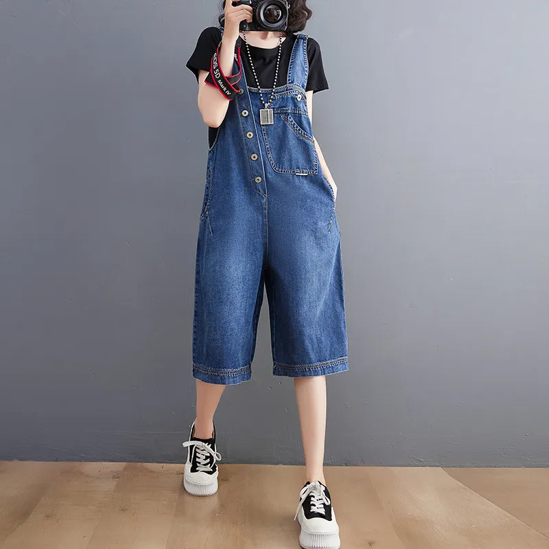 Women's Plus Size Korean Style Denim Overalls Five Points Pants - Blue