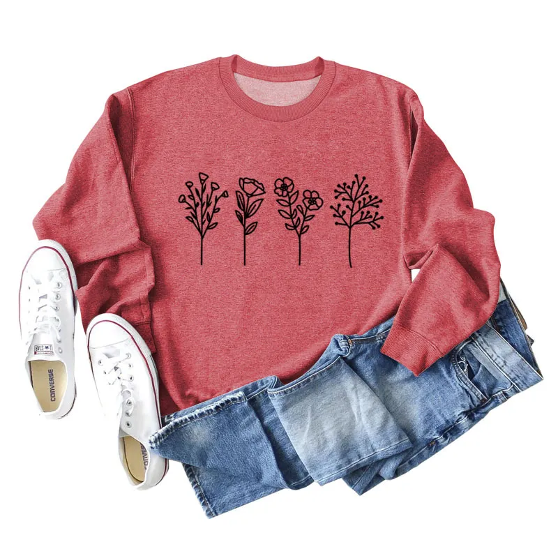 Four Flowers Printed Casual Long Sleeve Sweatshirt - Red Jumper Black Font