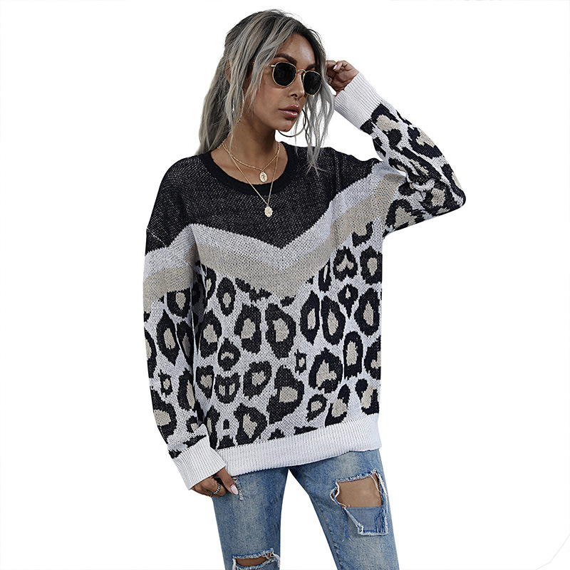 Leopard Print Stitching Loose  Round Neck Knitted Sweater Women'S Pullover