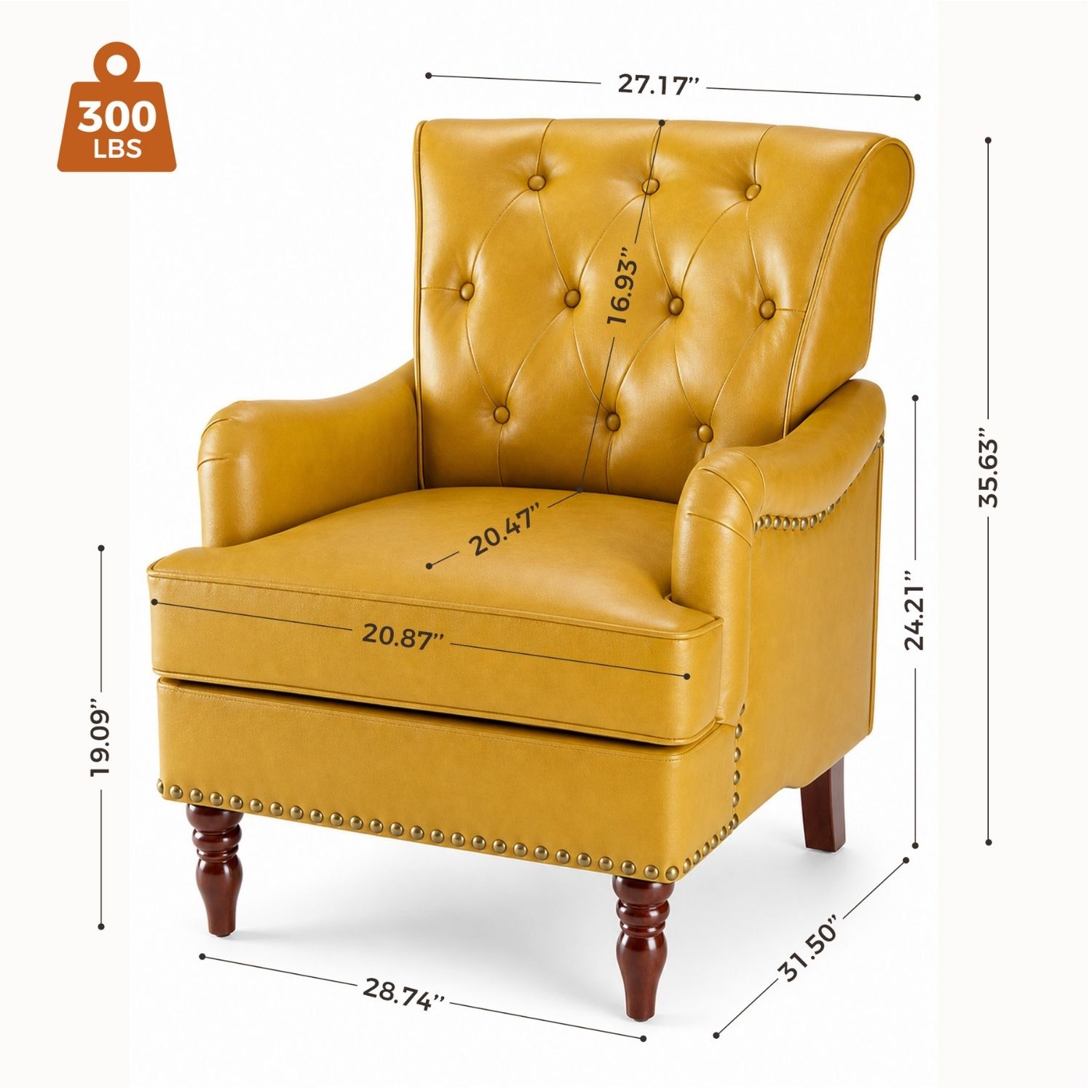 Nailhead Trim Faux Leather Accent Chair, Tufted Armchair For Bedroom And Study — foto 2