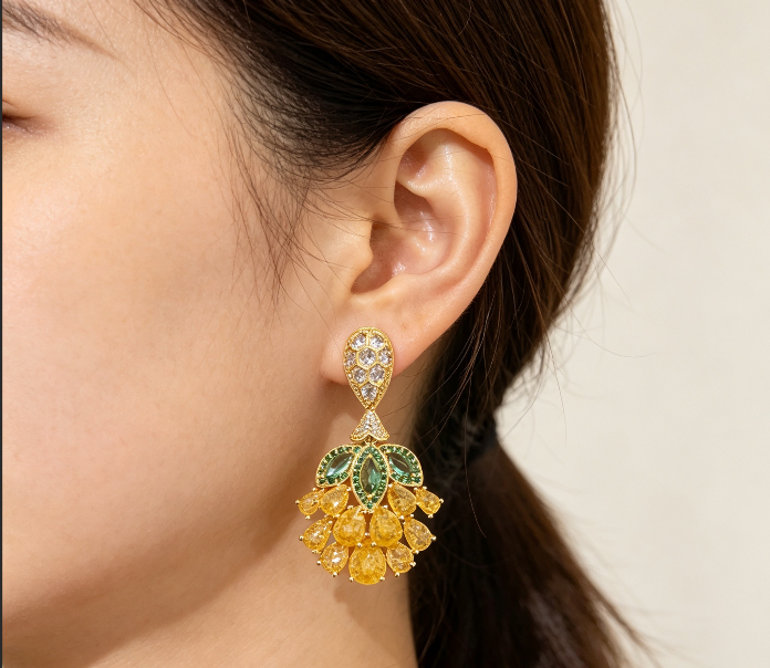 Vintage Pink Green Crystal Dangle Earrings, Bohemian Luxury Statement Drop Earring For Women view
