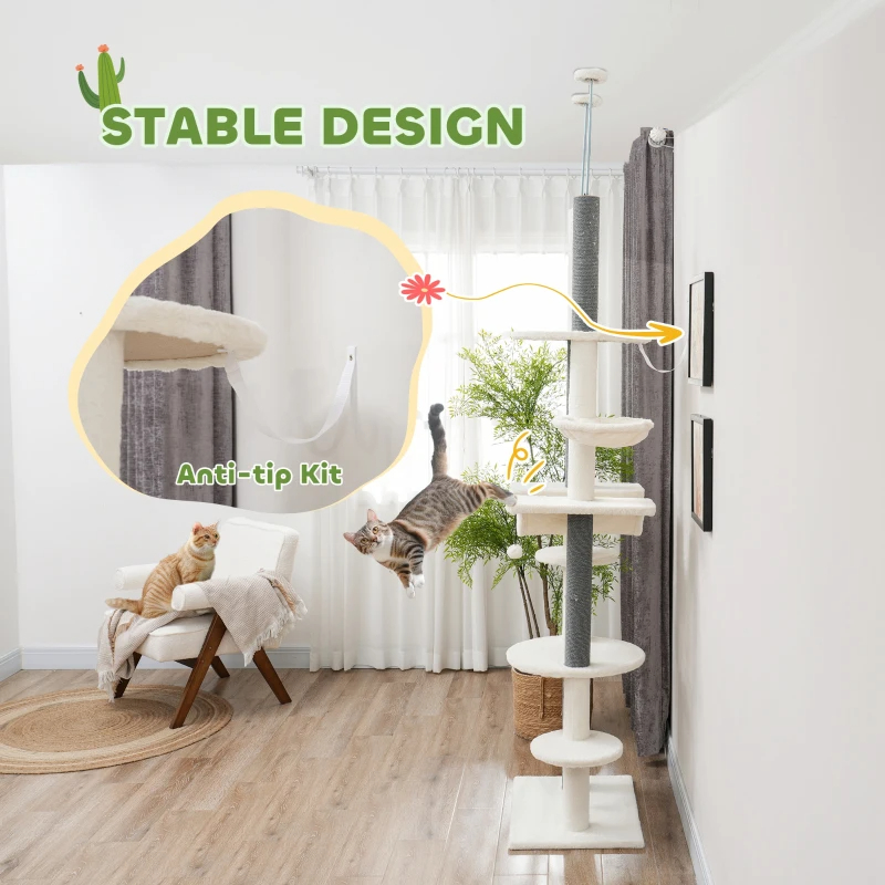 PawHut Floor To Ceiling Cat Tree With Scratching Posts, Hammock, Perches & Toy Balls, White