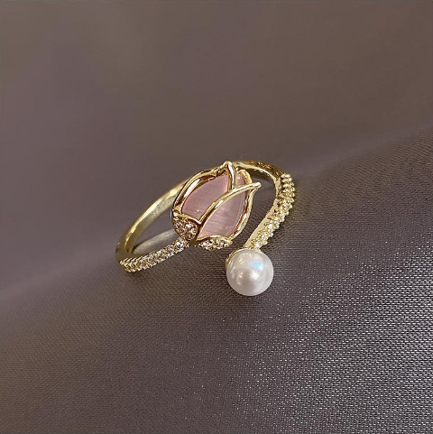 Tulip Bud Pearl Ring For Women, Fashion Niche Design Index Ring, Korean & Japanese Trendy Finger Jewelry