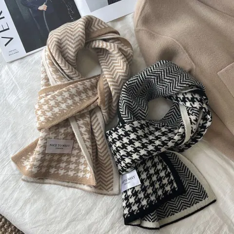 Houndstooth and Wave Pattern Print Scarf Women's Winter Korean