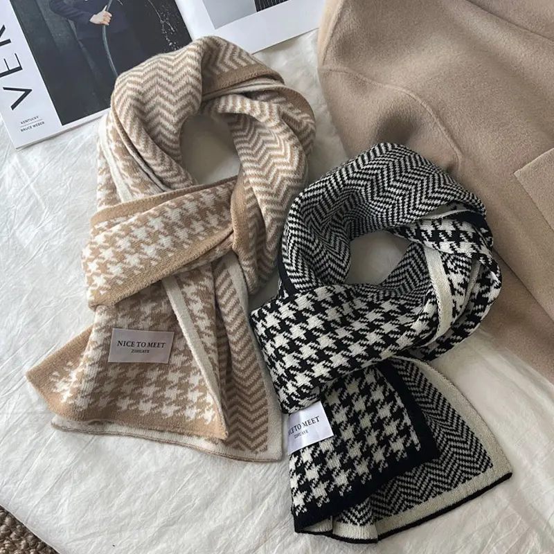 Houndstooth and Wave Pattern Print Scarf Women's Winter Korean