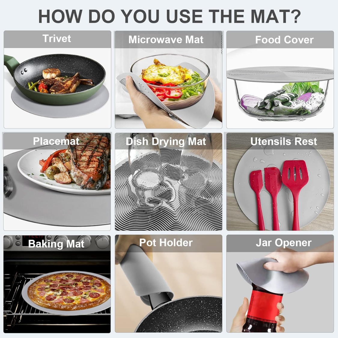10 Inch Microwave Food Cover & Collapsible Silicone Mat - Splatter Guard, Plate Holder & Kitchen Colander For Meal Prep, Charcoal 5