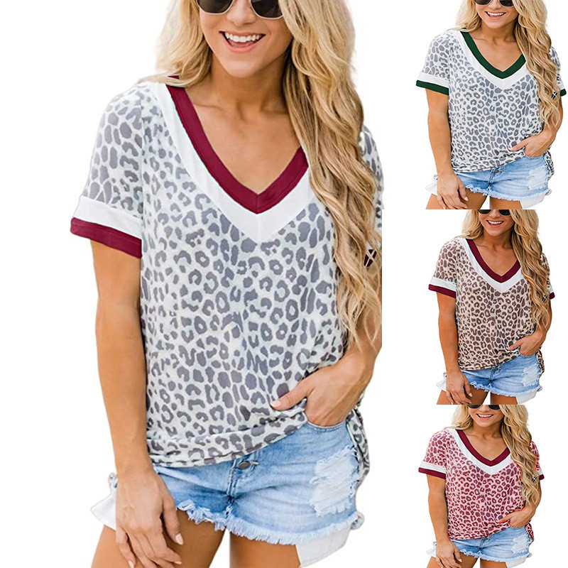 Title 4, Stitching V-neck Short-sleeved Printed Leopard ...