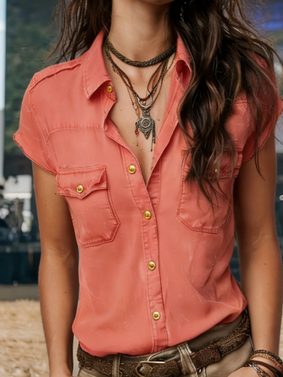 Retro Workwear Style Multi-pocket Women's Top