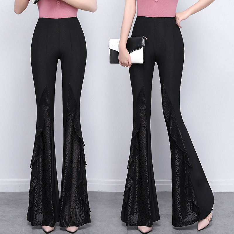 Title 6, Pantalon femme noir avec dentelle et coutures, ...