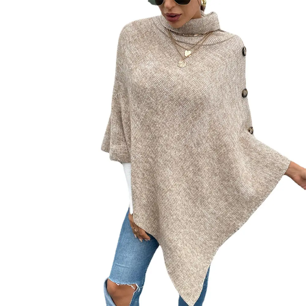 Ladies High Neck Pullover Button Embellished Knitted Cape Sweater