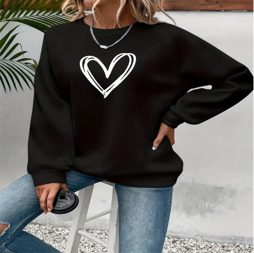 Solid Color Love Print Round Neck Pullover Hoodie