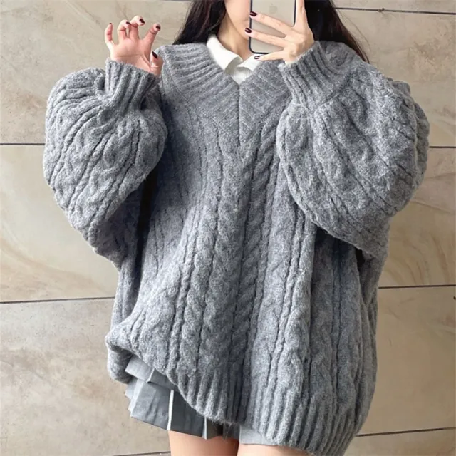 Idle Style V neck Large Sweater Gentle Korean Style Gray - Shop at LoveMi