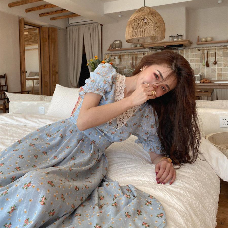 Floral Puff-Sleeve Long Dress