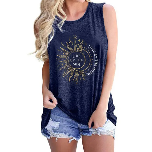 Ladies Vest Sunflower Sun Love Moon Print Round Neck Sleeveless T shirt Blue - Shop at LoveMi