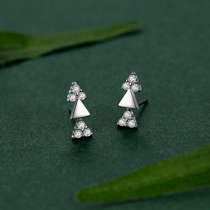 S925 Sterling Silver Triangle Stud Earrings With Diamonds