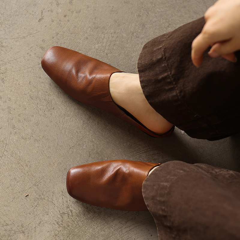 Women's Handmade Full-Grain Sheepskin Ruched Mule Slides, Square-Toe Slip-On Flat Shoes