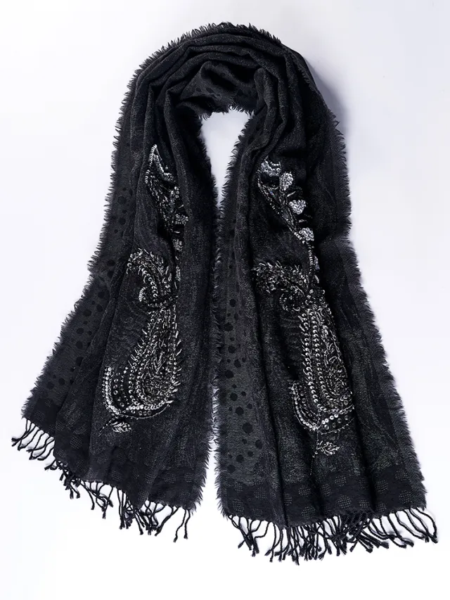 High end Hand embroidered Beaded Boiled Wool Shawl Autumn And Winter Warm Scarf Nepal Imported Classic Wild Black - Shop at LoveMi