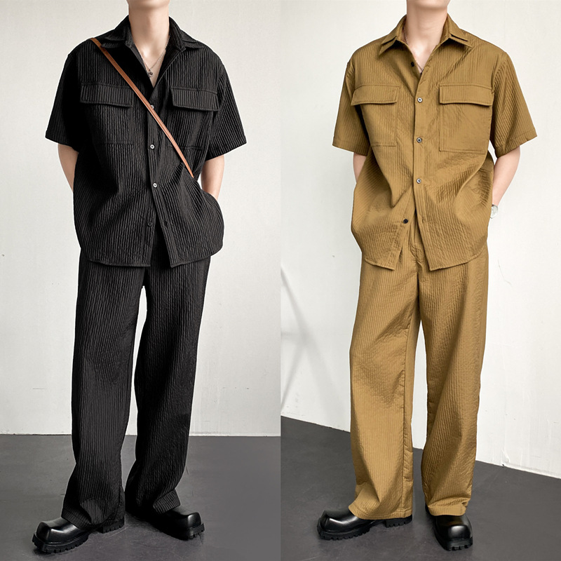 Pleated Suit Short-sleeved Shirt Overalls Two-piece Suit